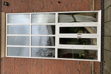 Ivory Woodrain Pvcu French Doors with side panels & large top light windows, 