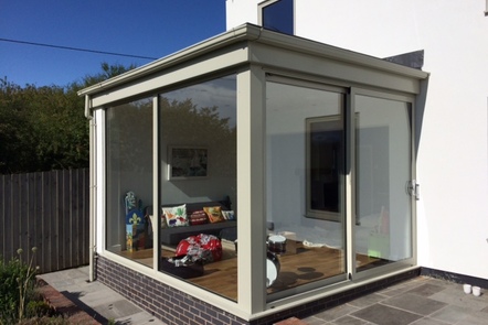 Contemporary Sage Aluminium Flat Roofed Garden Room Contemporary Sage Aluminium Flat Roofed Garden Room, designed and built by Abbey & Burton Glass in the Derby and Burton areas.